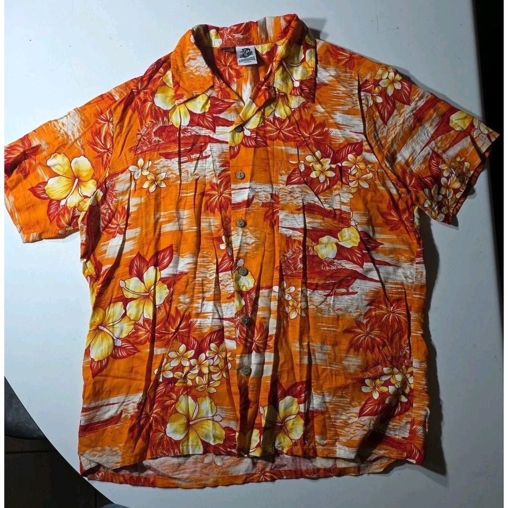 Kennington Shirt Mens L Orange Hawaiian Aloha Short Sleeve Camp Collar Y2K Vtg‎